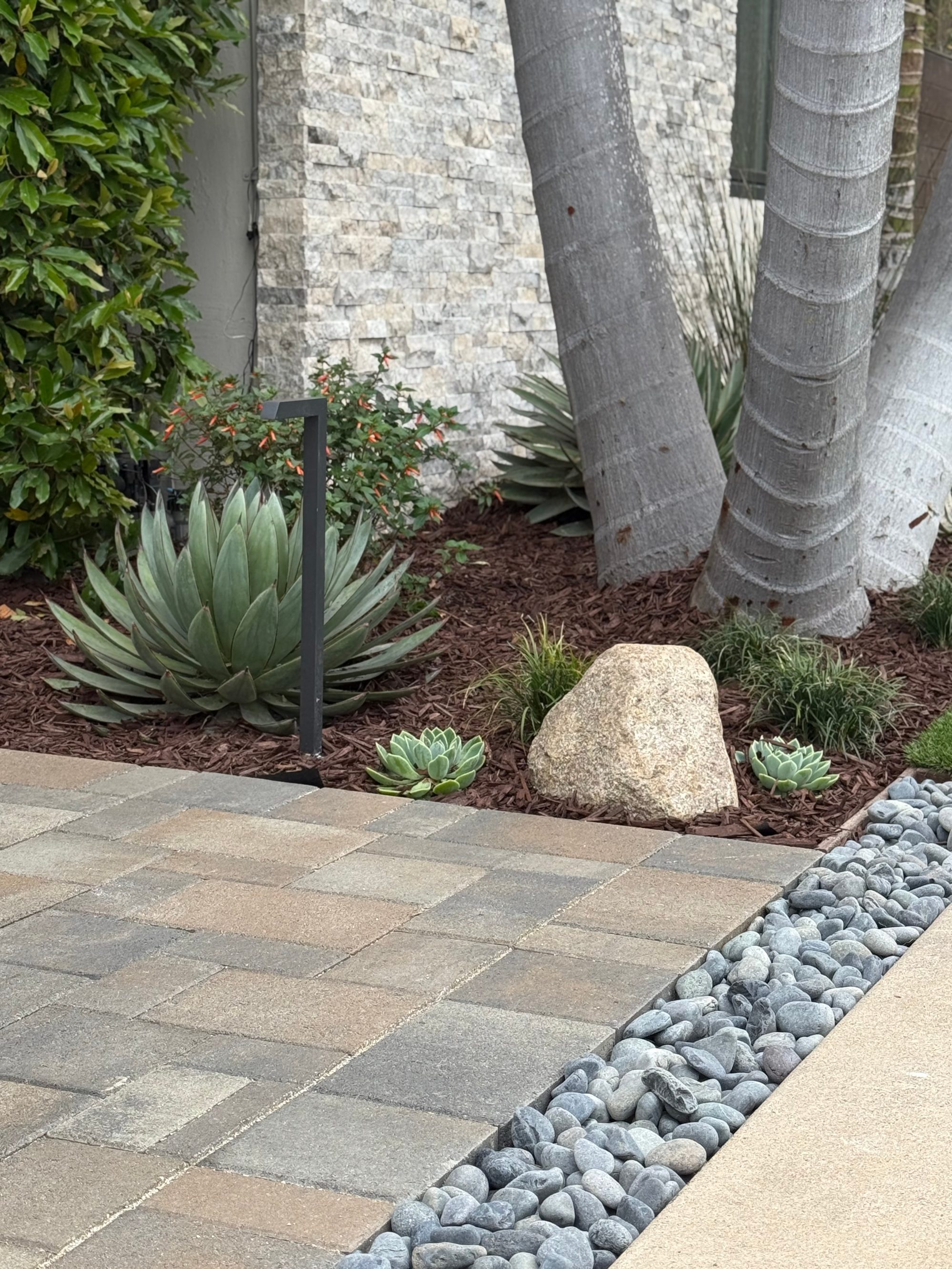 Custom outdoor living build by Panjia Outdoors in North County San Diego. Pavers, patio cover, and landscape lighting